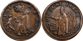 Undated (ca. 1652-1674) St. Patrick Farthing. Martin 8a.1-Ba.3, W-11500. Rarity-5+. Copper. Martlet Alone Below King. VF-30 (PCGS).
107.3 grains. A f...