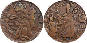 Undated (ca. 1652-1674) St. Patrick Halfpenny. Vlack 1-A, W-11540. Rarity-5. Large Letters. EF-40 (PCGS).
A handsome high grade example. Medium brown...