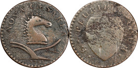 1786 New Jersey Copper. Maris 11.5-G, W-4785. Rarity-6+. No Coulter. Fine Details--Environmental Damage (PCGS).
135.1 grains. A New Jersey copper of ...