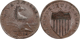 1786 New Jersey Copper. Maris 14-J, W-4810. Rarity-1. Straight Plow Beam, Stegosaurus Head. AU-58 (PCGS).
155.5 grains. Glossy medium brown with some...