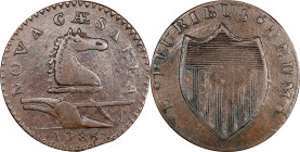 1786 New Jersey Copper. Maris 16-J, W-4835. Rarity-5+. Straight Plow Beam, Protruding Tongue. VF-35 (PCGS).
143.5 grains. A really beautiful example ...