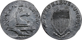 1786 New Jersey Copper. Maris 17-b, W-4870. Rarity-3. Straight Plow Beam, Chess Knight, PLUKIBUS. VF Details--Environmental Damage (PCGS).
162.5 grai...