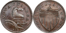 1786 New Jersey Copper. Maris 18-M, W-4890. Rarity-2. Bridle, Wide Shield. AU-53 (PCGS).
151.8 grains. Exceptionally sharp and attractive, with mahog...