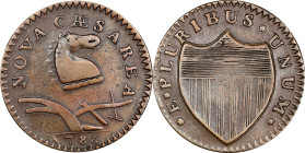 1786 New Jersey Copper. Maris 19-M, W-4900. Rarity-5. Curved Plow Beam, Drunken Die-Cutter, Wide Shield. VF Details--Cleaned (PCGS).
138.4 grains. Ap...