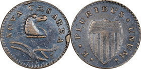 1786 New Jersey Copper. Maris 23-P, W-4940. Rarity-4. Curved Plow Beam, Narrow Shield, Blundered Six. VF-35 (PCGS).
154.2 grains. Boldly contrasting ...