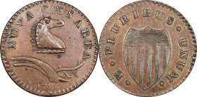 1786 New Jersey Copper. Maris 24-P, W-4965. Rarity-2. Curved Plow Beam, Narrow Shield, Blundered Six. AU-53 (PCGS).
157.1 grains. Fresh and glossy su...