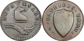 1786 New Jersey Copper. Maris 24-R, W-4975. Rarity-5. Curved Plow Beam, Narrow Shield, Blundered Six. VF-25 (PCGS).
160.5 grains. Sedate and even med...