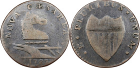 1787 New Jersey Copper. Maris 28-S, W-5070. Rarity-4. Outlined Shield. Fine-12 (PCGS).
155.2 grains. Glossy chocolate brown with contrasting tan devi...