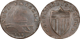 1787 New Jersey Copper. Maris 29-L, W-5075. Rarity-4. Straight Plough Beam, Outlined Shield. VF-20 (PCGS).
148.2 grains. Lovely chocolate brown with ...