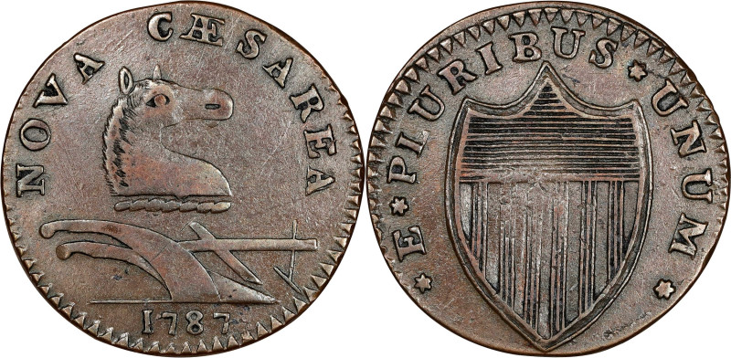 1787 New Jersey Copper. Maris 32-T, W-5100. Rarity-2. Wide Ears Below Gap, Outli...