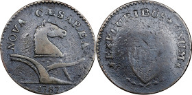 1787 New Jersey Copper. Maris 34-V, W-5120. Rarity-6-. Deer Head, Small Shield. Fine-12 (PCGS).
134.7 grains. Nice chocolate brown with a contrasting...