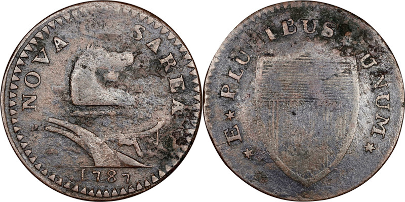 1787 New Jersey Copper. Maris 37-X, W-5145. Rarity-6+. Outlined Shield, Goiter. ...