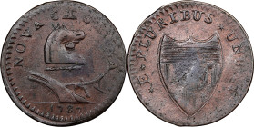1787 New Jersey Copper. Maris 37-f, W-5155. Rarity-4. Outlined Shield, Goiter. EF Details-- Cleaned (PCGS).
147.2 grains. A very sharp and appealing ...