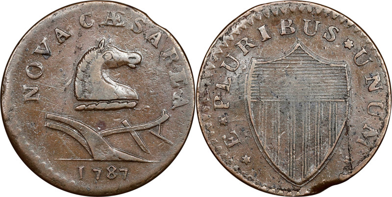 1787 New Jersey Copper. Maris 38-Y, W-5170. Rarity-3. Outlined Shield, Pony Head...