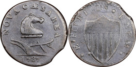1787 New Jersey Copper. Maris 38-c, W-5190. Rarity-3. Pony Head. VF-20 (PCGS).
167.5 grains. Rich chocolate brown with hard, glossy surfaces. A littl...