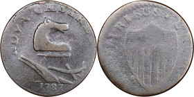 1787 New Jersey Copper. Maris 41-c, W-5205. Rarity-5+. Googly Eye. VG-10 (PCGS).
140.1 grains. Nice chocolate brown with hard, glossy surfaces. Both ...