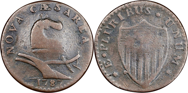 1787 New Jersey Copper. Maris 42-c, W-5210. Rarity-5. Die Chip on Muzzle. VG-10 ...