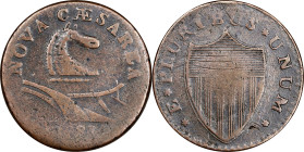 1787 New Jersey Copper. Maris 43-Y, W-5220. Rarity-4. Outlined Shield, Bulbous Nose. Fine-15 (PCGS).
145.3 grains. Two tone medium brown with darker ...