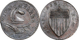 1787 New Jersey Copper. Maris 43-d, W-5225. Rarity-1. Outlined Shield, Bulbous Nose--Double struck--AU-50 (PCGS).
149.9 grains. Medium brown and maho...