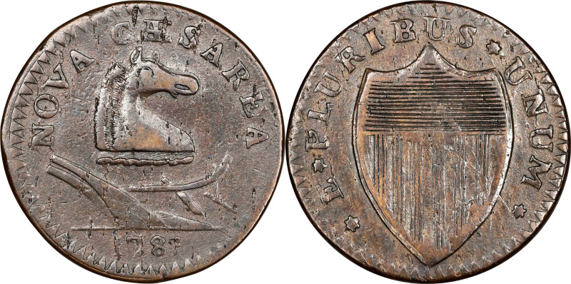 1787 New Jersey Copper. Maris 44-d, W-5235. Rarity-4. Outlined Shield, Sleigh Ru...