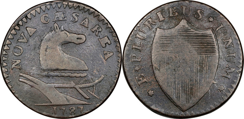 1787 New Jersey Copper. Maris 45-d, W-5240. Rarity-5+. No Sprig Above Plow, Hype...