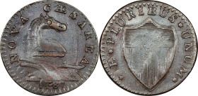 1787 New Jersey Copper. Maris 46-e, W-5250. Rarity-1. Outlined Shield, Clashed Die. AU-50 (PCGS).
150.3 grains. Frosty medium brown and pale olive ov...