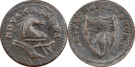 1787 New Jersey Copper. Maris 48-f, W-5270. Rarity-3. Outlined Shield, No Sprig Above Plow. VF-20 (PCGS).
165.9 grains. Glossy medium brown with ligh...