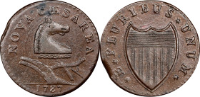 1787 New Jersey Copper. Maris 48-g, W-5275. Rarity-1. Batman Shield. EF-45 (PCGS).
153.1 grains. A popular variety with type collectors, here offered...