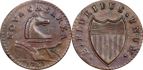 1787 New Jersey Copper. Maris 48-g, W-5275. Rarity-1. Batman Shield. EF Details--Environmental Damage (PCGS).
141.3 grains. Glossy light brown with s...