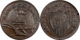 1787 New Jersey Copper. Maris 56-n, W-5310. Rarity-1. Camel Head--Overstruck on Connecticut Copper. VF-30 (PCGS).
136.3 grains. Everyone loves a Came...