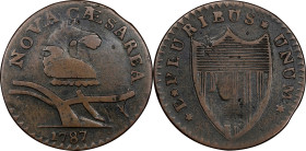 1787 New Jersey Copper. Maris 56-n, W-5310. Rarity-1. Camel Head--Overstruck on 1787 Nova Eborac Copper. VF-20 (PCGS).
127.0 grains. A special exampl...