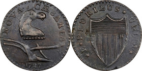 1787 New Jersey Copper. Maris 58-n, W-5320. Rarity-4. Camel Head--Overstruck on a Connecticut Copper. EF-45 (PCGS).
134.0 grains. An exceptional spec...
