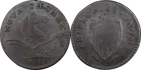 1787 New Jersey Copper. Maris 61-p, W-5345. Rarity-5-. Large Planchet, PLURIBS. VF-20 (PCGS).
146.2 grains. Olive and dark steel with microscopically...