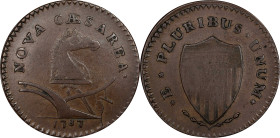 1787 New Jersey Copper. Maris 62-q, W-5350. Rarity-3. Large Planchet, Hidden WM. EF-40 (PCGS).
140.8 grains. An exceptionally wholesome example of th...