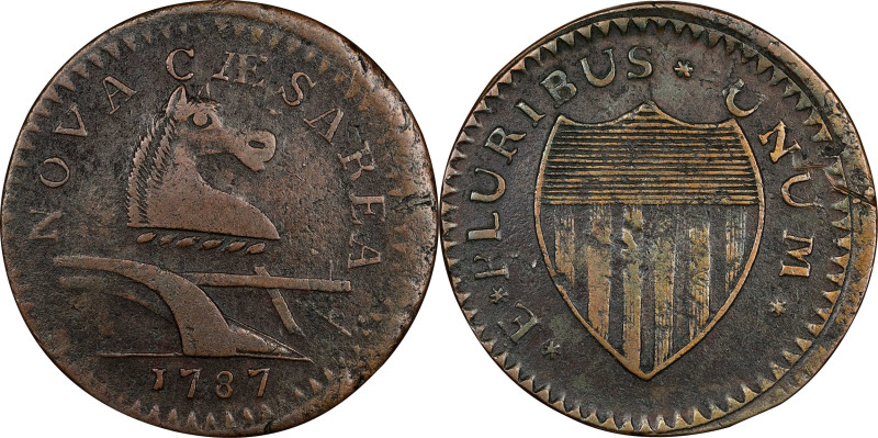 1787 New Jersey Copper. Maris 64-u, W-5390. Rarity-5. Large Planchet, Plain Shie...