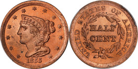 1855 Braided Hair Half Cent. C-1, the only known dies. Rarity-1. MS-65 RD (PCGS).
High grade type collectors and advanced half cent enthusiasts take ...