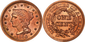 1855 Braided Hair Cent. N-4. Rarity-1. Upright 5s. MS-66 RD (PCGS). OGH.
This delightful cent exhibits lively satin luster on smooth and appealing su...
