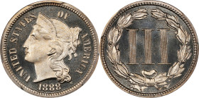 1888 Nickel Three-Cent Piece. Proof-67+ Cameo (PCGS). CAC.
Untoned bright silver surfaces allow full appreciation of a boldly cameoed finish from the...