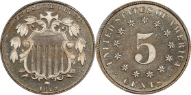 1882 Shield Nickel. Proof-67 Cameo (PCGS).
A lightly toned golden-gray specimen whose boldly cameoed finish and expertly preserved surfaces will appe...