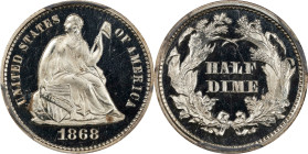 1868 Liberty Seated Half Dime. Proof-66+ Deep Cameo (PCGS). CAC.
A breathtakingly beautiful premium Gem with boldly cameoed surfaces and a virtually ...