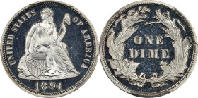 1891 Liberty Seated Dime. Proof-66+ Deep Cameo (PCGS). CAC.
The devices of this upper end Gem are sharp and fully frosted, with a particularly snowy ...