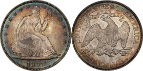 1888 Liberty Seated Half Dollar. WB-101. MS-67 (PCGS). CAC.
Vivid powder blue and reddish-rose peripheral iridescence frames silver-tinged centers on...