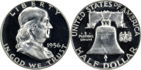 1956 Franklin Half Dollar. Type II Reverse. Proof-69 Deep Cameo (PCGS).
With strong field to device contrast and virtually pristine surfaces, it is l...