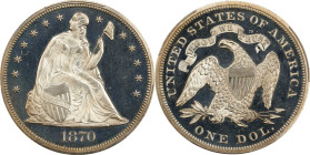 1870 Liberty Seated Silver Dollar. Proof-65 Deep Cameo (PCGS).
This is an outstanding Deep Cameo Proof 1870 silver dollar, attractive and conditional...