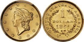 1851 Gold Dollar. MS-66+ (PCGS).
An appealing, conditionally rare example of the first design type in the United States Mint's circulating gold dolla...