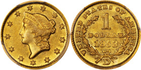 1853-D Gold Dollar. Winter 5-G, the only known dies. MS-61 (PCGS).
Warm medium gold color with blended olive-apricot highlights. The luster is superb...