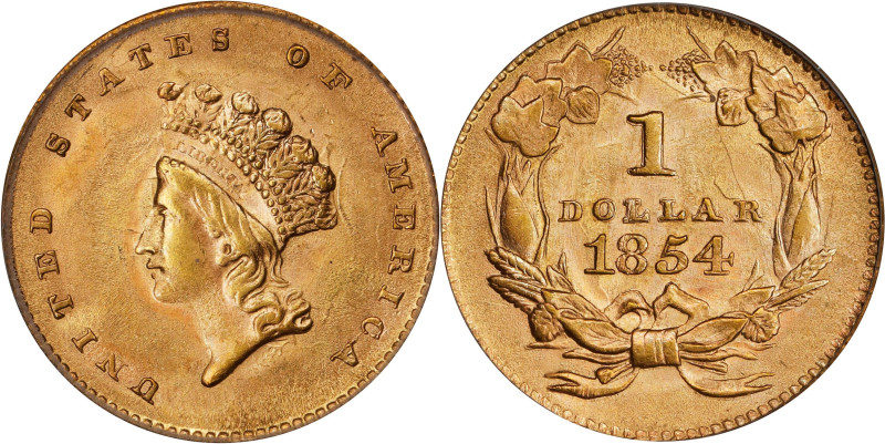 1854 Gold Dollar. Type II. MS-65 (PCGS).
Here is an elusive Gem example of the ...