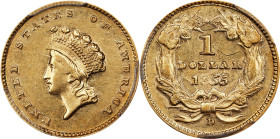 1855-D Gold Dollar. Type II. Winter 7-I. AU-58 (PCGS).
An uncommonly attractive survivor of this challenging Type II gold dollar. Both sides exhibit ...