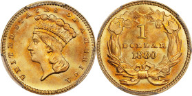 1880 Gold Dollar. MS-68+ (PCGS). CAC.
Offered is one of the finest, most visually appealing gold dollars of any date. The surfaces are beautifully to...