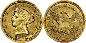 1844-D Liberty Head Quarter Eagle. Winter 5-I. MS-61 (PCGS).
This well produced and uncommonly well preserved example is sure to catch the eye of adv...